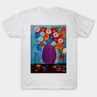 A lovely mixed of colorful flowers in a metallic purple vase T-Shirt